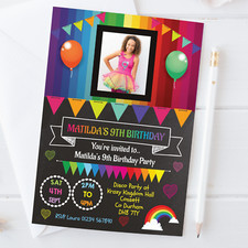 Personalised Rainbow Birthday Party Invitations Girls Photo Invites Disco x10