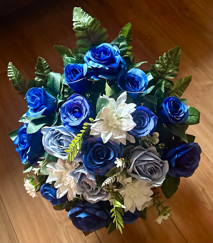 Flat back grave pot blue - , white