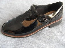 Clarks chunky black patent leather flat t-bar shoes. Size 6.5, wide E fit. VGC
