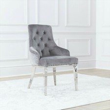 NICHES Dining Chairs Knocker Back Buttoned Ring Grey Velvet Studded Chrome Legs