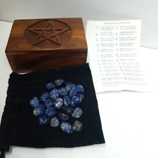 blue quartz rune stones in wooden box with pentagram full set 25
