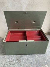 Small vintage antique green metal petty cash box with pull out coin tray