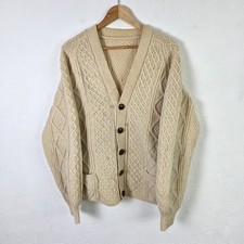 Vintage Aran Hand Knit Cardigan Mens XL Beige Chunky Wool Fisherman Sweater