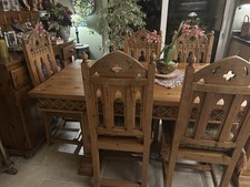 KEEN Pine Gothic Style Dining Table and 6 Chairs Reclaimed Pine. Great Condition