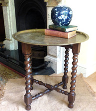 Wooden table Barley twist legs brass top Vintage