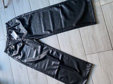 Bershka faux leather wide leg trousers with drawstring waist and pockets - Large