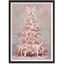 Whimsical Christmas Wall Art | Pink Christmas Tree with Ribbons and Sparkling