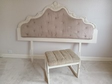 Vintage French Style Wooden Fluffy Double Headboard and Dressing Table Stool