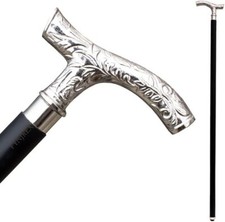 Adjustable Foldable Black Wooden Walking Stick with Silver Derby Curved Handle