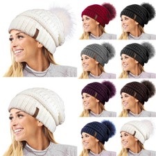 LADIES WOMENS WINTER TEXTURED KNIT BEANIE BOBBLE HAT DETACHABLE FAUX FUR POM POM