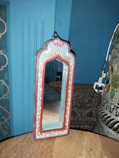 INDIAN VINTAGE HAND PAINTED MINI TEMPLE WOODEN MIRROR - 29cm x 11cm