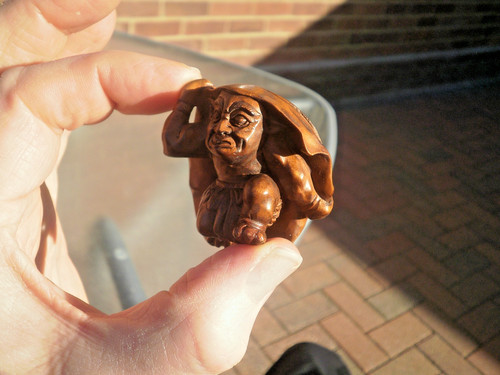Hand carved wood netsuke oni - carved,
