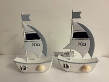 sail boat ornaments - wood and metal - end of line - light blue white - set of 2