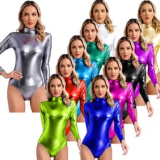 UK Womens Shiny Metallic Long Sleeve Leotards Dance Gymnastics Bodysuit Clubwear