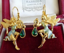VINTAGE KIRKS FOLLY FAIRY LANTERN EARRINGS Enamel with Green Stone Lanterns