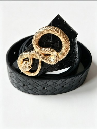 Black leather belt gold - black,