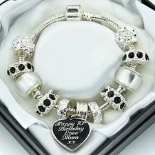 Personalised ENGRAVED Bracelet Black Clear Beads Ladies Womans JEWELLERY Gifts