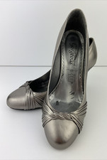 New Look Women's Leather Pewter Metallic High Block Heel Pleated Shoes UK 4. VGC