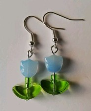 Drop / Dangle Spring Tulip Earrings - Pale Blue Glass Tulips - Silver Plated 