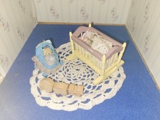 1:12 scale Dolls House Nursery Set. Wooden Cot porcelain baby Toy Train rug crib