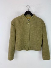 Edwige Fenech Green Plain Collarless Wool Jacket Embroidered Hem UK 14