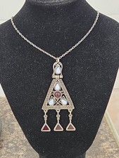 Vintage Miracle Scottish Celtic Pendant Necklace Pewter Tone Metal & Glass 18"