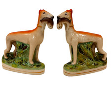 Antique Whippet pair dogs standing Jordans 1897 Tout Courts Staffordshire 28cm