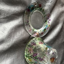 Yankee Candle Glass Shade & plate  Crackle Garden Flowers Bees Bird Butterfly