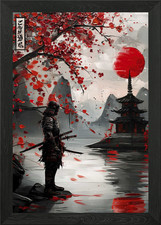 Japanese Samurai Red Moon painting Framed Wall Art Poster Canvas Print Picture