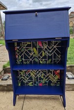 Mini Bureau Writing Desk with Shelves, Navy Blue & Dusky Pink Interior