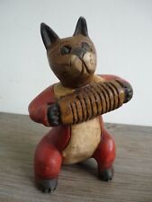 Handmade Wooden Sculpture of Cat Playing Accordion Concertina Figurine Ornament