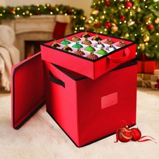 Christmas Bauble Storage Box 64 Slots Foldable Ornament Organiser Red Cube