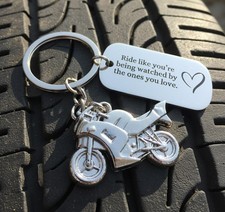 Personalised Stainless Steel Motorbike Keyring Engraved Biker Gift, Ride Safe C