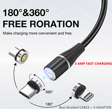 3 in 1 Magnetic USB Charging Cable 3A FAST Charger Sync Phone Type-C Micro & iOS