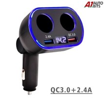 12/24V 2Way Car Cigarette Lighter Adapter LED Digital Voltmeter USB Fast Charger