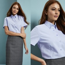 Ladies Womans Blue Blouse Shirt Short Sleeve Top Smart Office Summer Formal Work