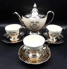 Royal Winton 25th Anniversary Teapot + 3 Cups & Saucers Silver Lustre UK