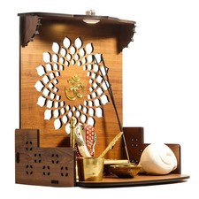 Modern Wooden Pooja Mandir Stand for Home Office Wall Temple with LED Spotlight