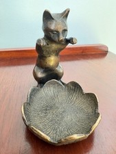 Vintage Brass Cat Trinket Dish – Mid-Century Shell Bowl Ornament (1950s–70s)