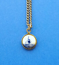 Vintage Delft Miniature Pendant Necklace on Chain - Windmill Motif