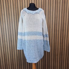 Handmade Tunic Jumper Womens XL Open Knit Wool White Blue Ruffle Neck