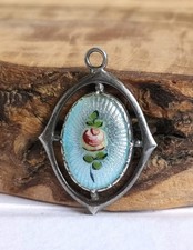 Charles Horner sterling silver guilloché enamel pendant, hand-painted rose, 1.7g