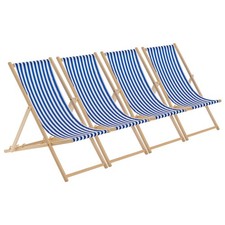 4x Folding Wooden Deck Chairs Adjustable Canvas Beach Lounger Navy Stripe