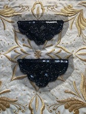 2 Vintage Black Beaded and Sequined Appliques/Embellishments/Motifs on Net