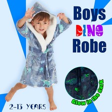 Kids Boys Dino Dressing Gown Toddler Robe Dragon Glow In The Dark Size 2-13 Year