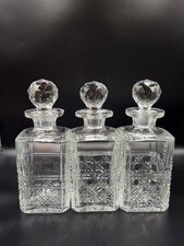 Set Of Three Vintage Edinburgh Crystal Square Spirit Decanters, Harvard Pattern