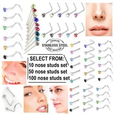 Nose Studs Set Surgical Steel I Screw Straight Silver Pin Stud Gem Piercing Stud