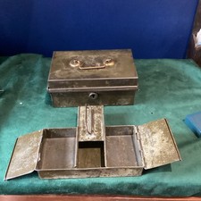 Vintage Small Metal Banker's Box No Key - Old Tin With Lid 8 X5 X3.5 Inch