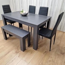 Dining Table and 4 Black Leather Chairs With a Bench Dark Grey Wood Dining Set