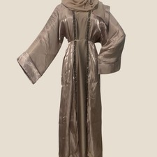 Mink Pink Fancy Adorned Gown Abaya Dress with Belt and Scarf 4 Piece Set